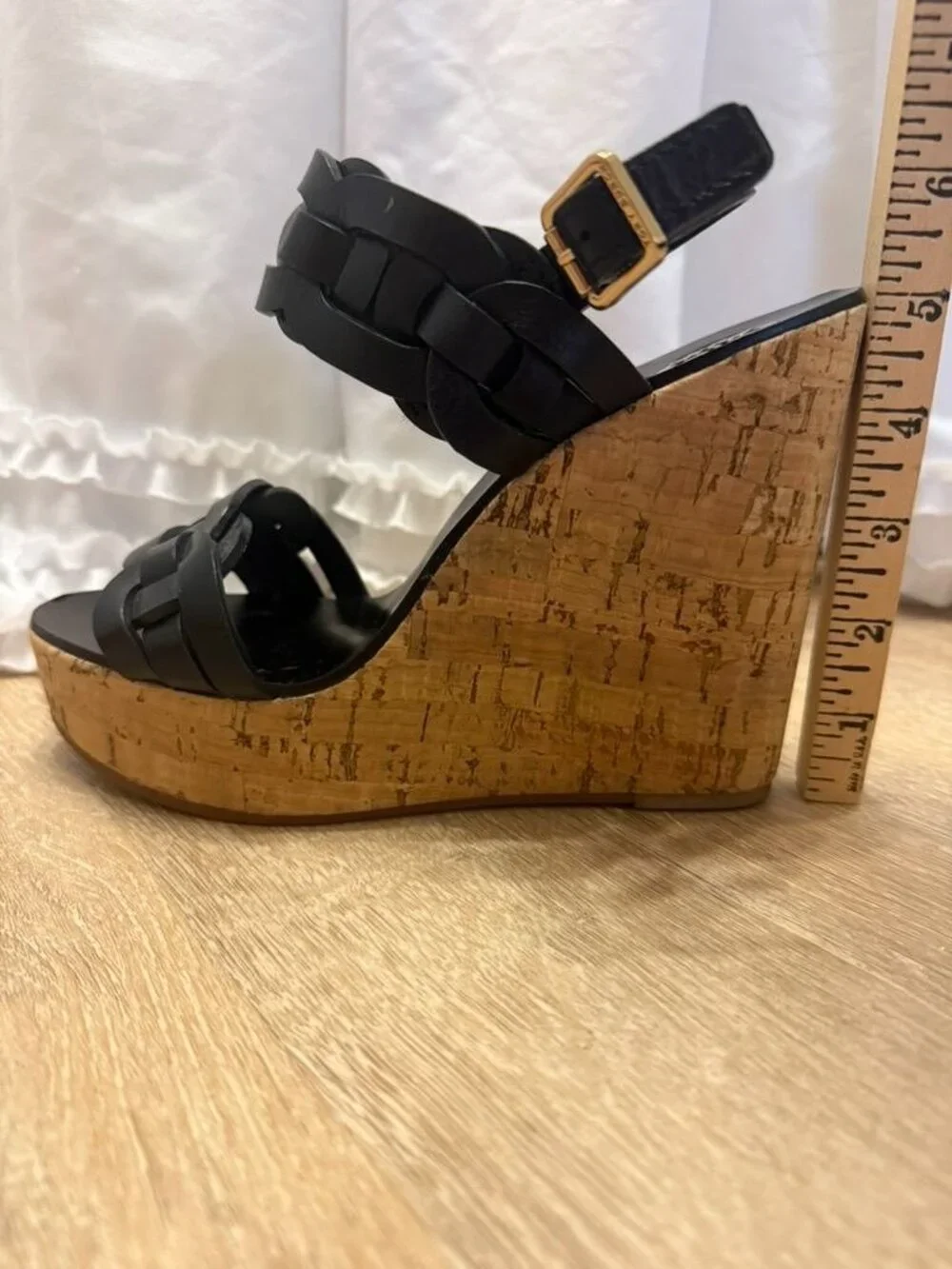Tory Burch Black Leather Wedge Sandals Cork Heels 7.5 M